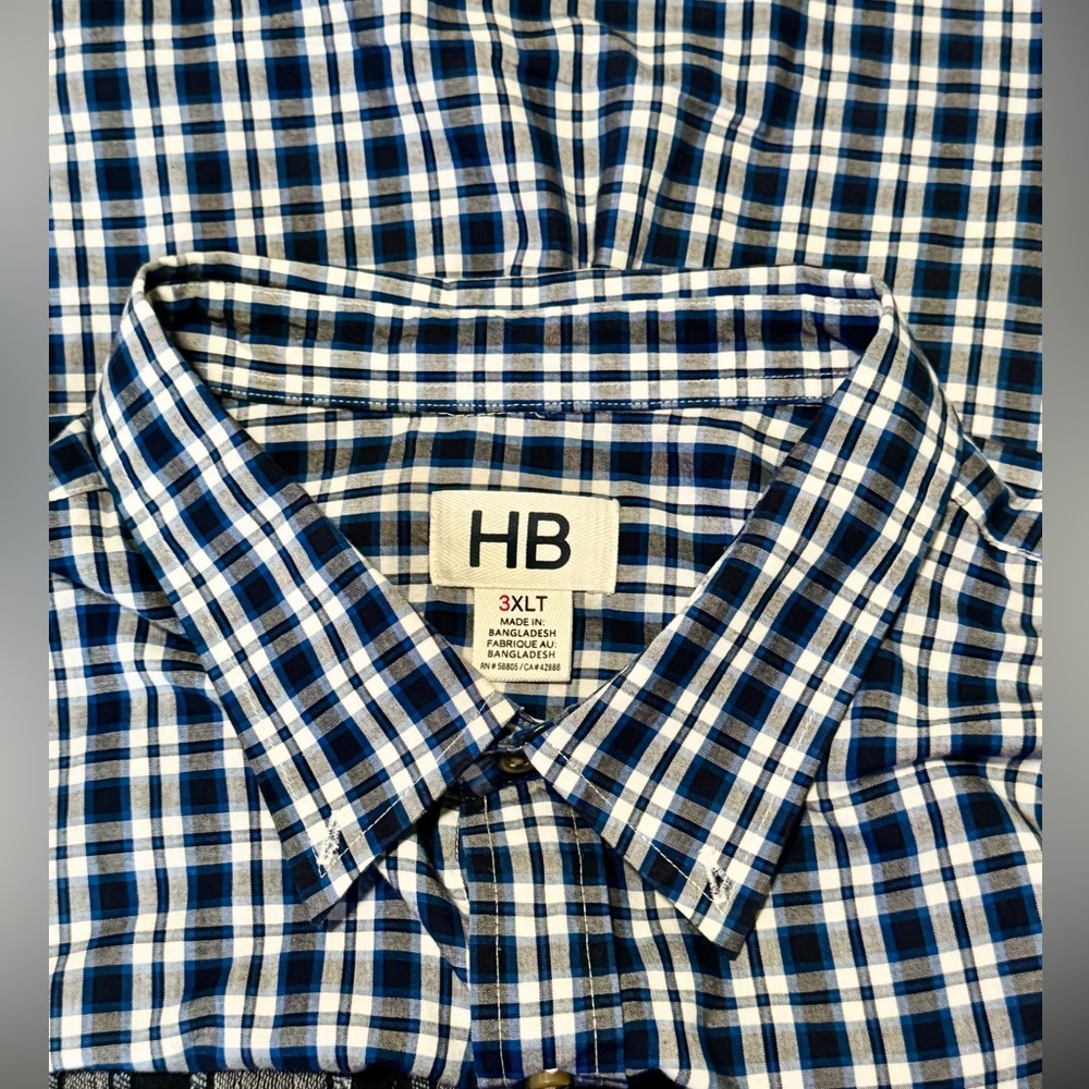 Harbor Bay Men's Plaid (Blue-Black-White) Short Sleeve ButtonUp (3XLT)